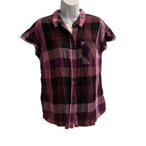 NWT Rock & Republic Button Down Shirt Women Small Short Sleeve Buff Purple Plaid